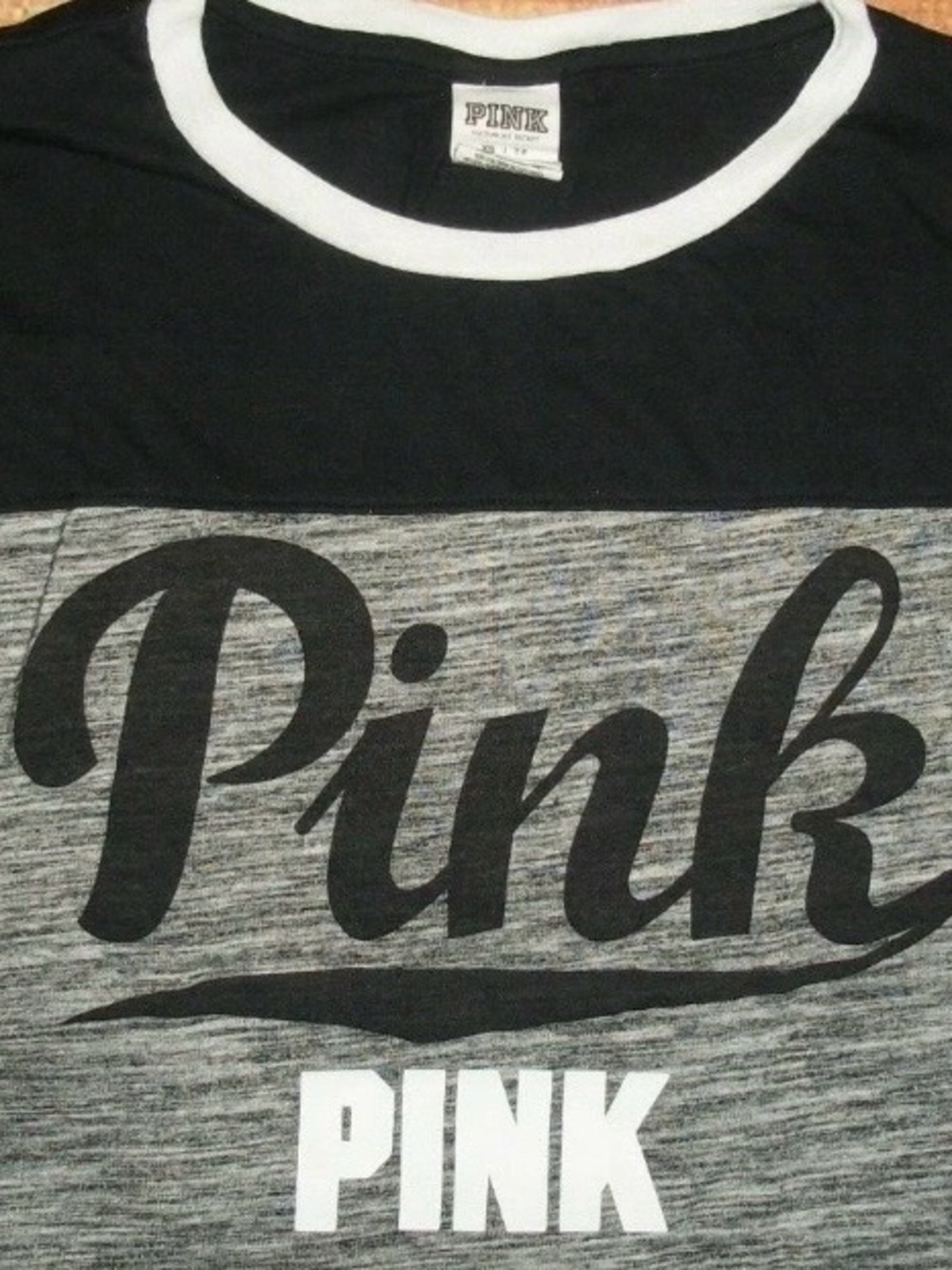 PINK Victoria's Secret Black & Gray Logo Short Sleeve Tee with White Trim - Picture 2 of 8
